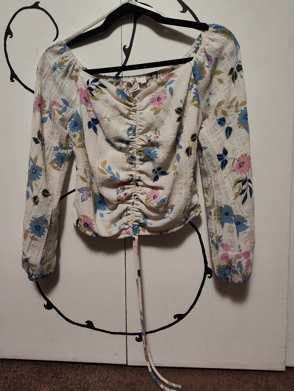 Cream Pink and Blue Floral Crop Top Blouse